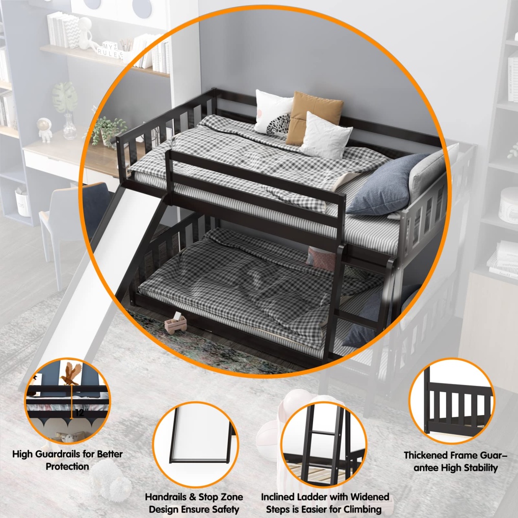 KOMFOTT Wood Bunk Bed Twin Over Twin, Bunk Bed Frame w/ Convertible Slide, Inclined Ladder & Safety Guardrails for Kids