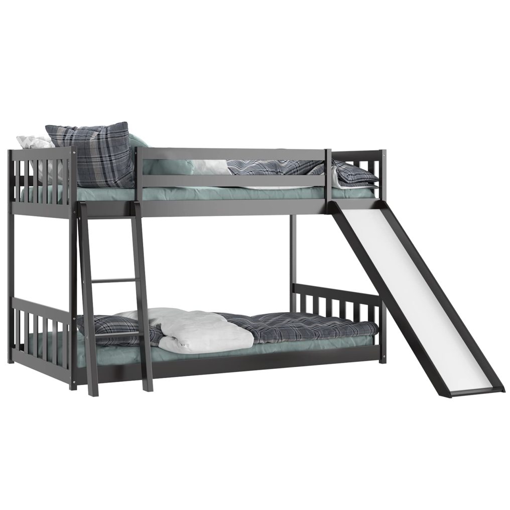 KOMFOTT Wood Bunk Bed Twin Over Twin, Bunk Bed Frame w/ Convertible Slide, Inclined Ladder & Safety Guardrails for Kids