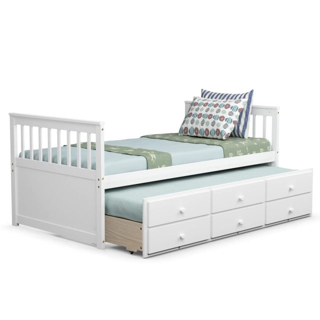 KOMFOTT Wooden Captain Bed Twin Size with Drawers and Trundle Bed