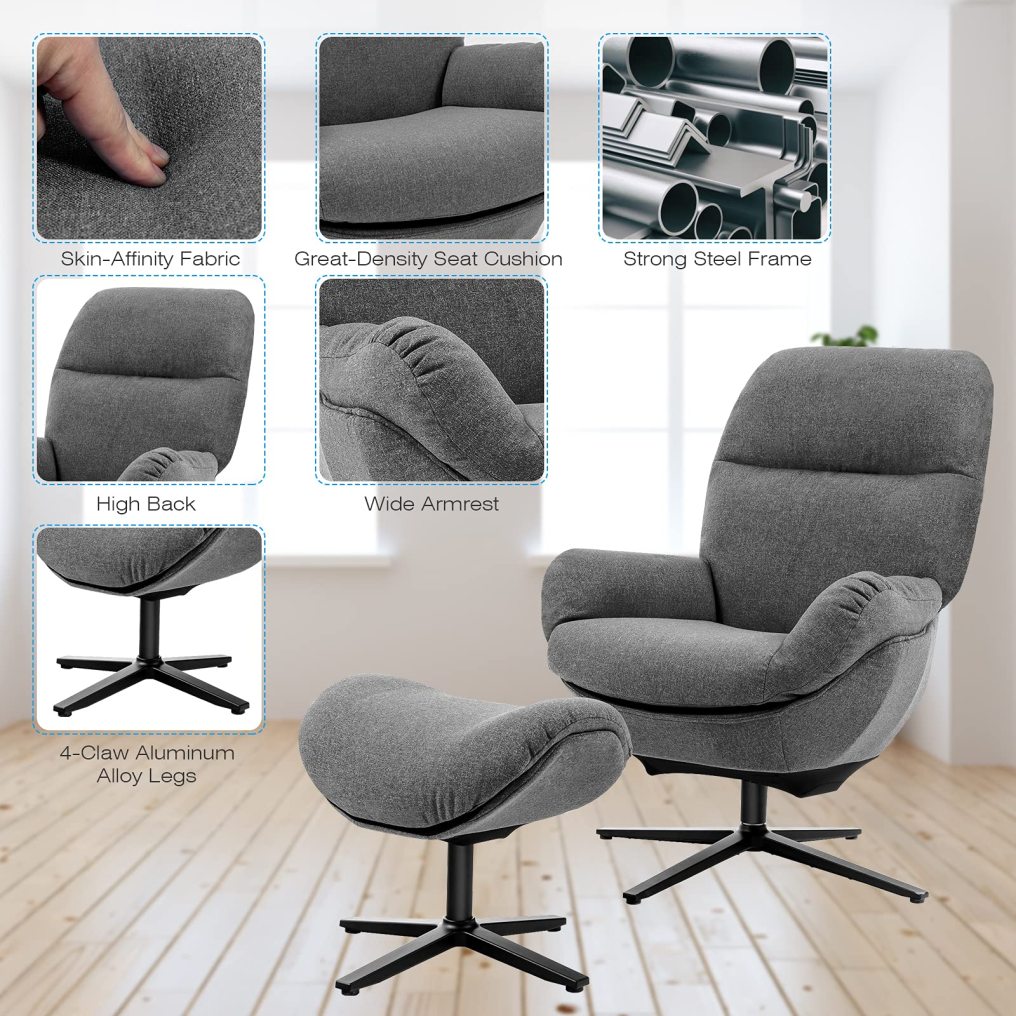 360 Swivel Upholstered Lounge Rocking Chair with Ottoman | Aluminum Alloy Base
