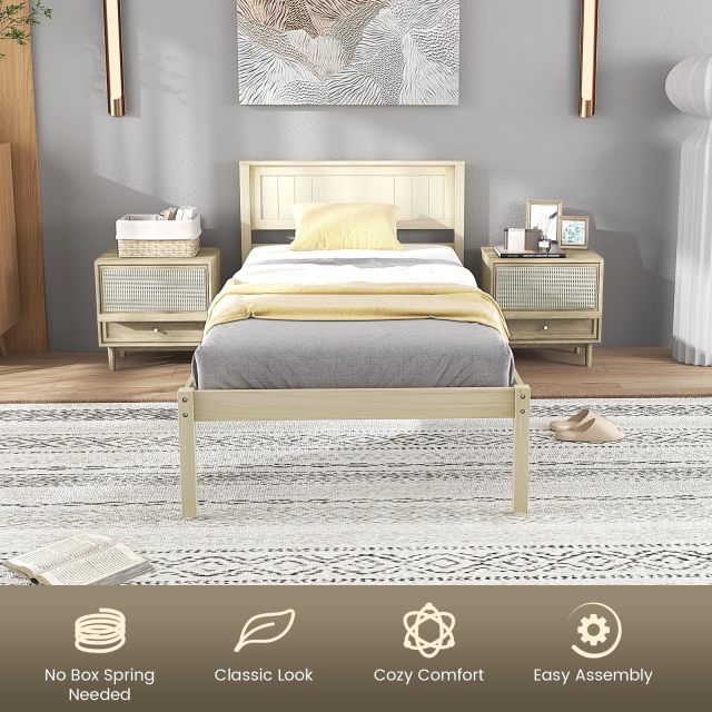 KOMFOTT Wood Platform Bed Frame with Headboard, Solid Wood Bed Frame with Slat Support