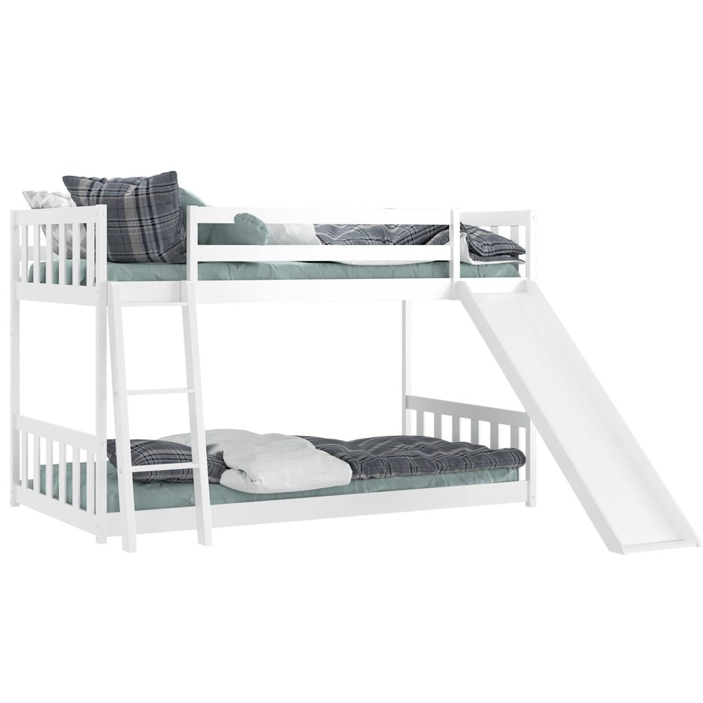 KOMFOTT Wood Bunk Bed Twin Over Twin, Bunk Bed Frame w/ Convertible Slide, Inclined Ladder & Safety Guardrails for Kids