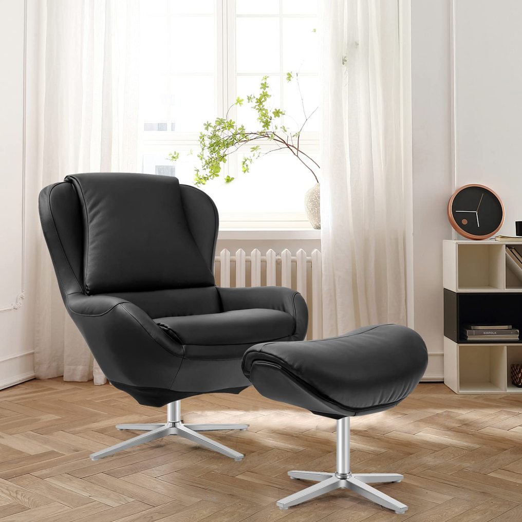 360 Swivel Leather Lounge Chair with Ottoman | Full Grain Recliner Leisure Armchair