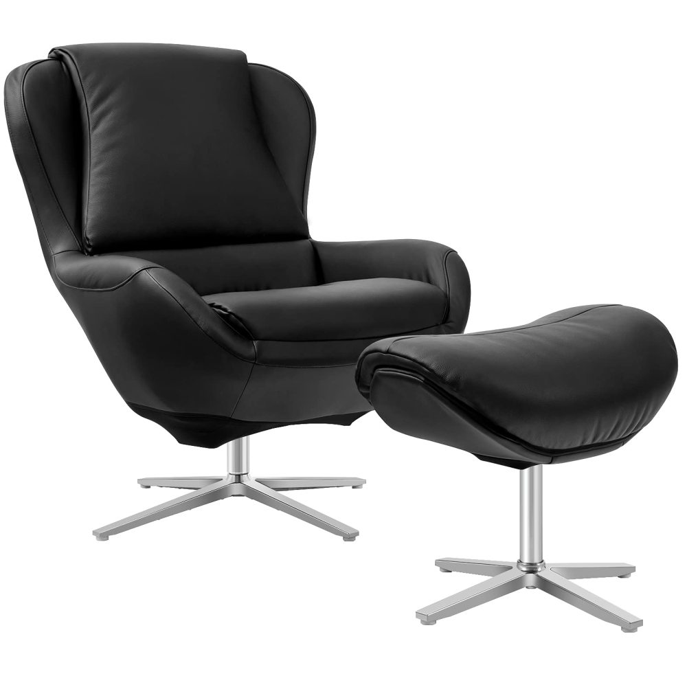 360 Swivel Leather Lounge Chair with Ottoman | Full Grain Recliner Leisure Armchair