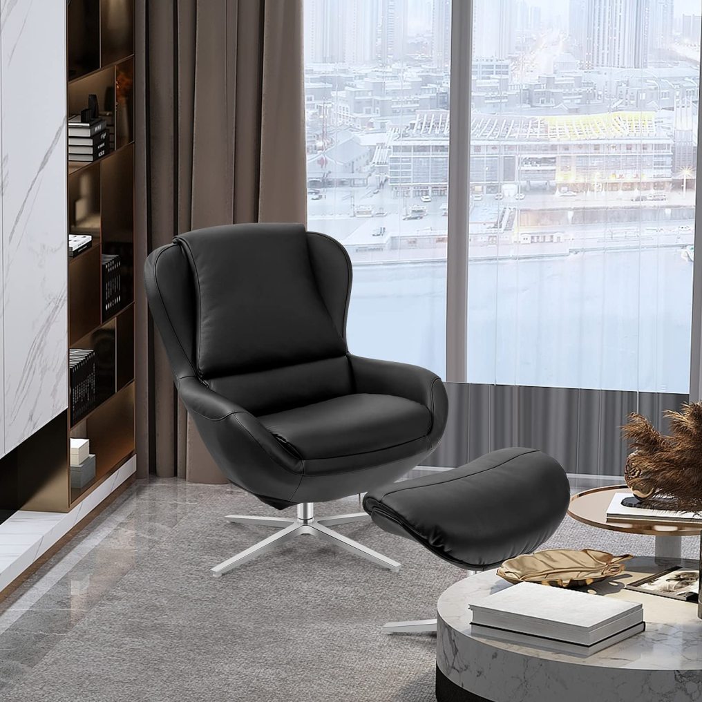360 Swivel Leather Lounge Chair with Ottoman | Full Grain Recliner Leisure Armchair