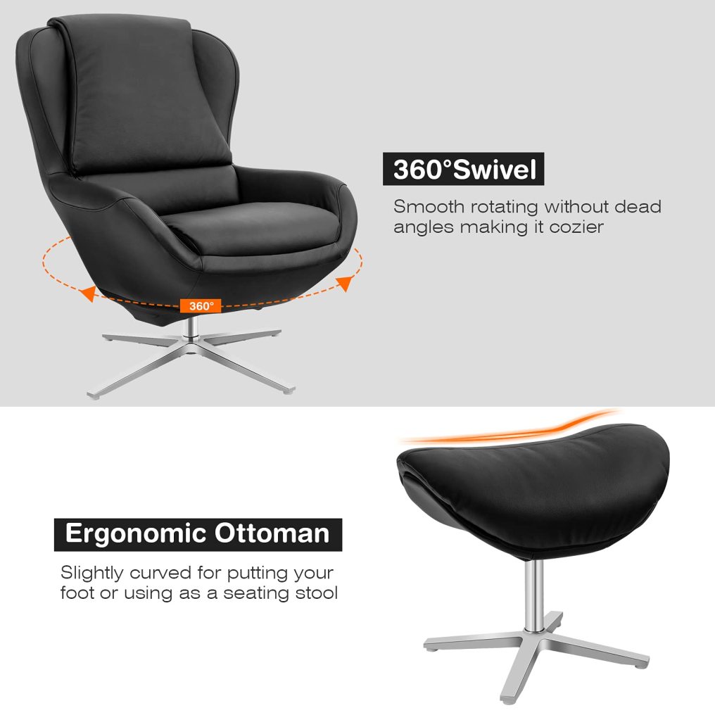 360 Swivel Leather Lounge Chair with Ottoman | Full Grain Recliner Leisure Armchair