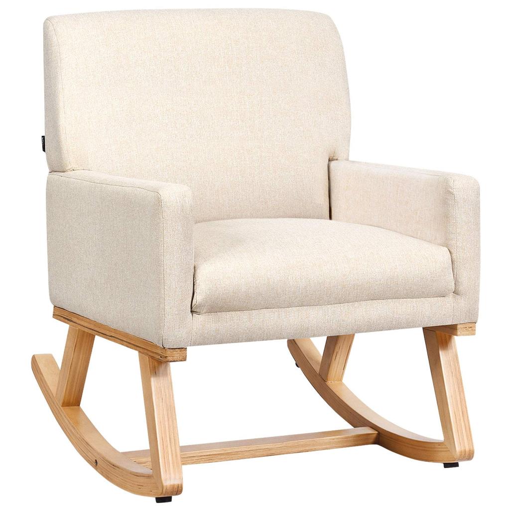 Upholstered Rocking Chair with Fabric Padded Seat and Solid Wood Base