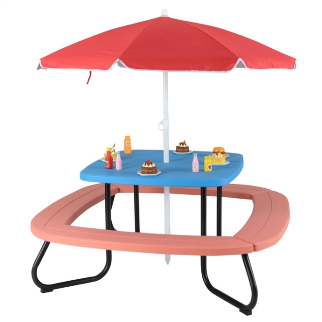 8 Person Kids Picnic Table, Outdoor Activity Table w/Adjustable & Collapsible Umbrella for Ages 3+
