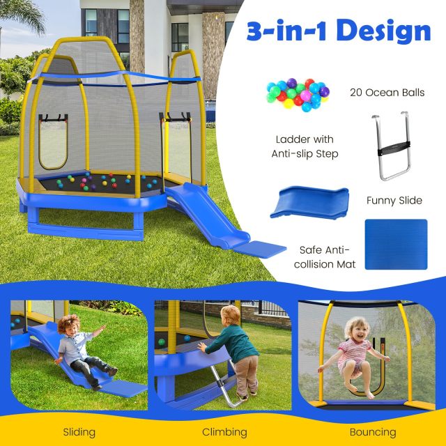 HONEY JOY Trampoline for Kids, 7FT Kids Trampoline w/Slide, Ladder & Ocean Balls, Indoor Outdoor Trampoline