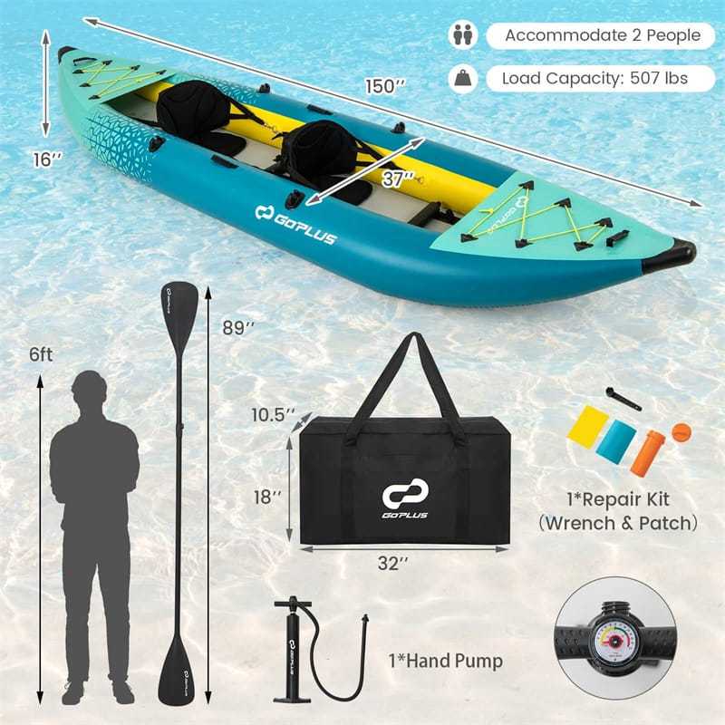 2-Person Inflatable Kayak with 2 Aluminium Paddles, EVA Padded Seats, 507LB Capacity, Carry Bag & Repair Kit, Portable Touring Kayak for Adults