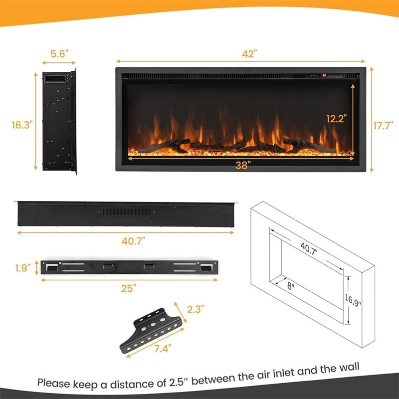 42" Linear Electric Fireplace, Wall-Mounted Recessed Freestanding 1500W Fireplace Heater with Customizable Flame Colors, 8H Timer & Remote Control
