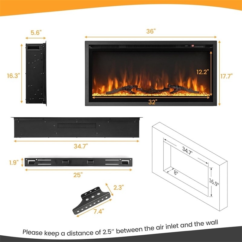 36" Linear Electric Fireplace, Wall-Mounted Recessed Freestanding 1500W Fireplace Heater with Adjustable Flame Colors, 8H Timer & Remote Control