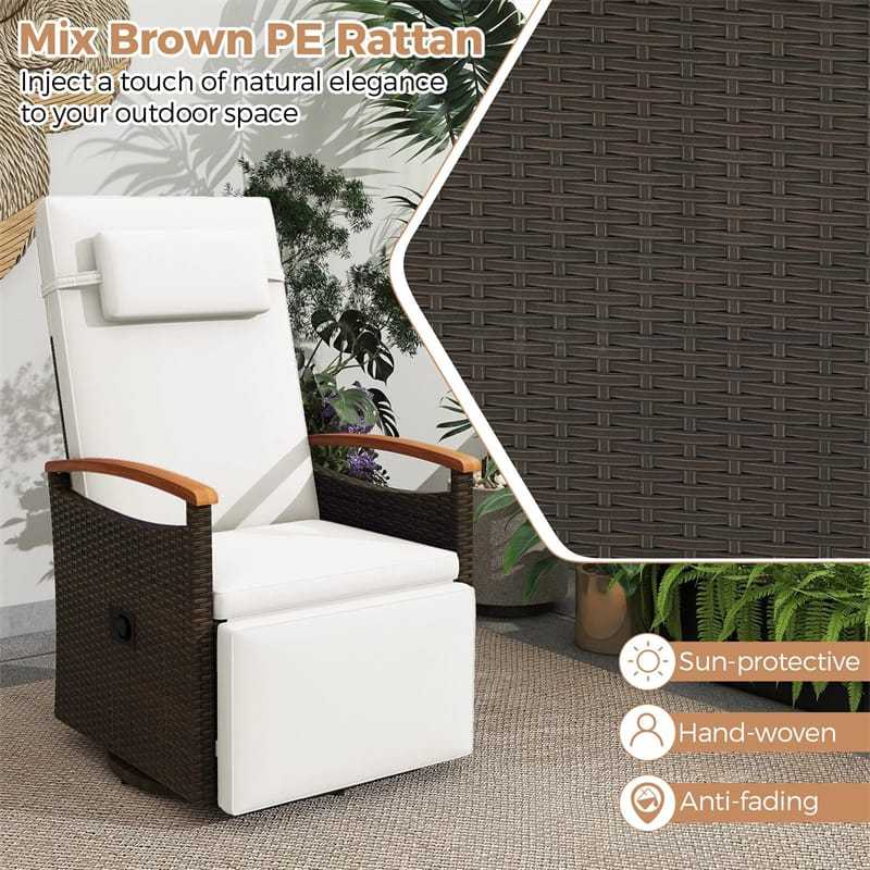 2PCS Outdoor 360° Swivel Rattan Recliner Chair, Patio Wicker Chaise Lounge Chair with Flip Side Table, Cushion, Adjustable Backrest & Footrest