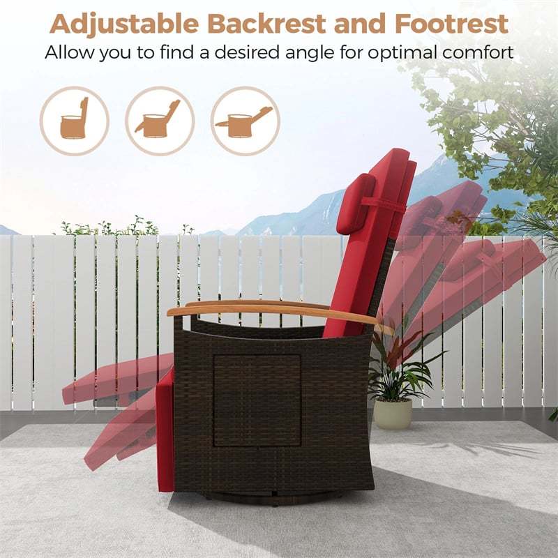 2PCS Outdoor 360° Swivel Rattan Recliner Chair, Patio Wicker Chaise Lounge Chair with Flip Side Table, Cushion, Adjustable Backrest & Footrest