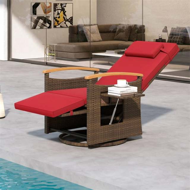 2PCS Outdoor 360° Swivel Rattan Recliner Chair, Patio Wicker Chaise Lounge Chair with Flip Side Table, Cushion, Adjustable Backrest & Footrest