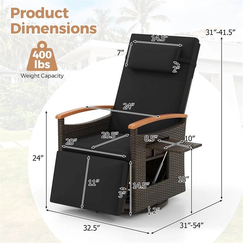2PCS Outdoor 360° Swivel Rattan Recliner Chair, Patio Wicker Chaise Lounge Chair with Flip Side Table, Cushion, Adjustable Backrest & Footrest
