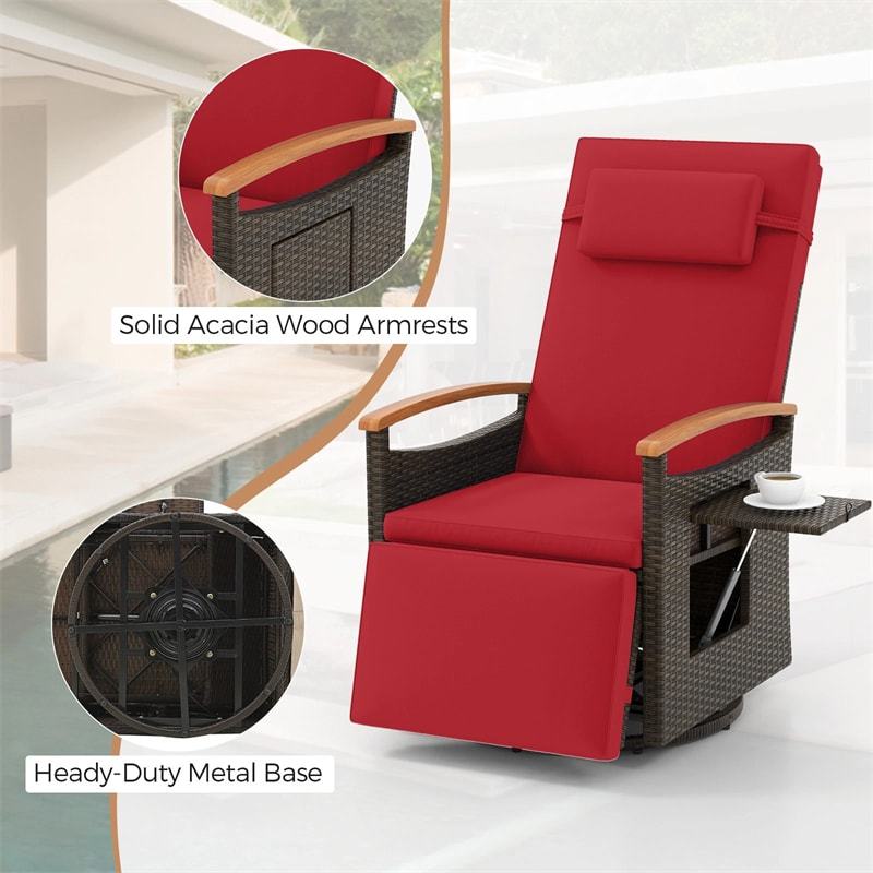Outdoor 360° Swivel Rattan Recliner Chair with Adjustable Backrest & Footrest, Patio Wicker Chaise Lounge Chair with Flip Side Table & Cushion