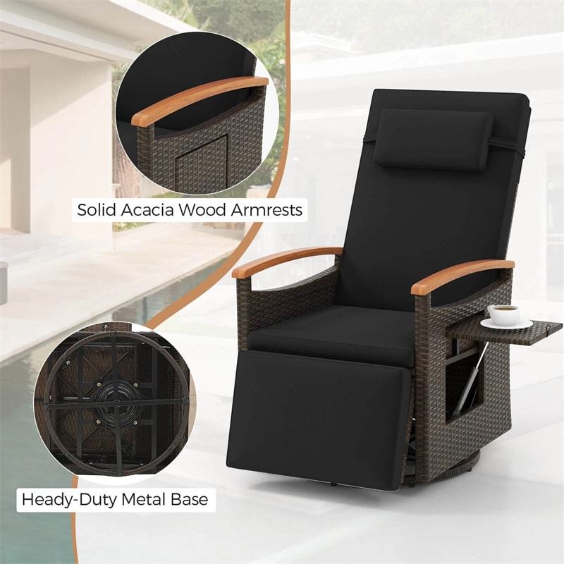 2PCS Outdoor 360° Swivel Rattan Recliner Chair, Patio Wicker Chaise Lounge Chair with Flip Side Table, Cushion, Adjustable Backrest & Footrest