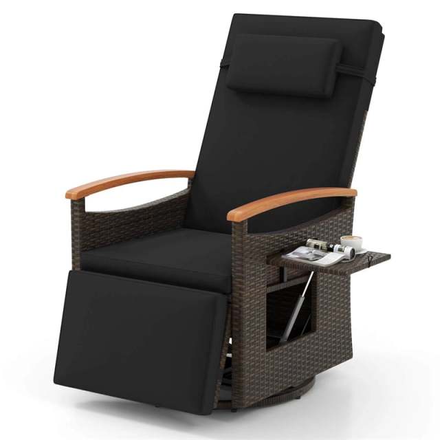 2PCS Outdoor 360° Swivel Rattan Recliner Chair, Patio Wicker Chaise Lounge Chair with Flip Side Table, Cushion, Adjustable Backrest & Footrest
