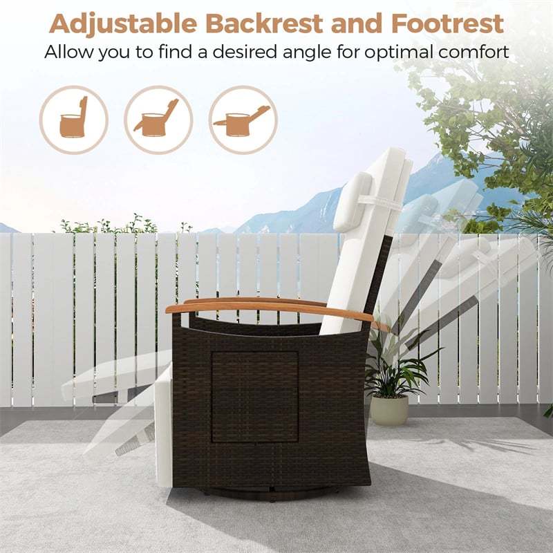 Outdoor 360° Swivel Rattan Recliner Chair with Adjustable Backrest & Footrest, Patio Wicker Chaise Lounge Chair with Flip Side Table & Cushion