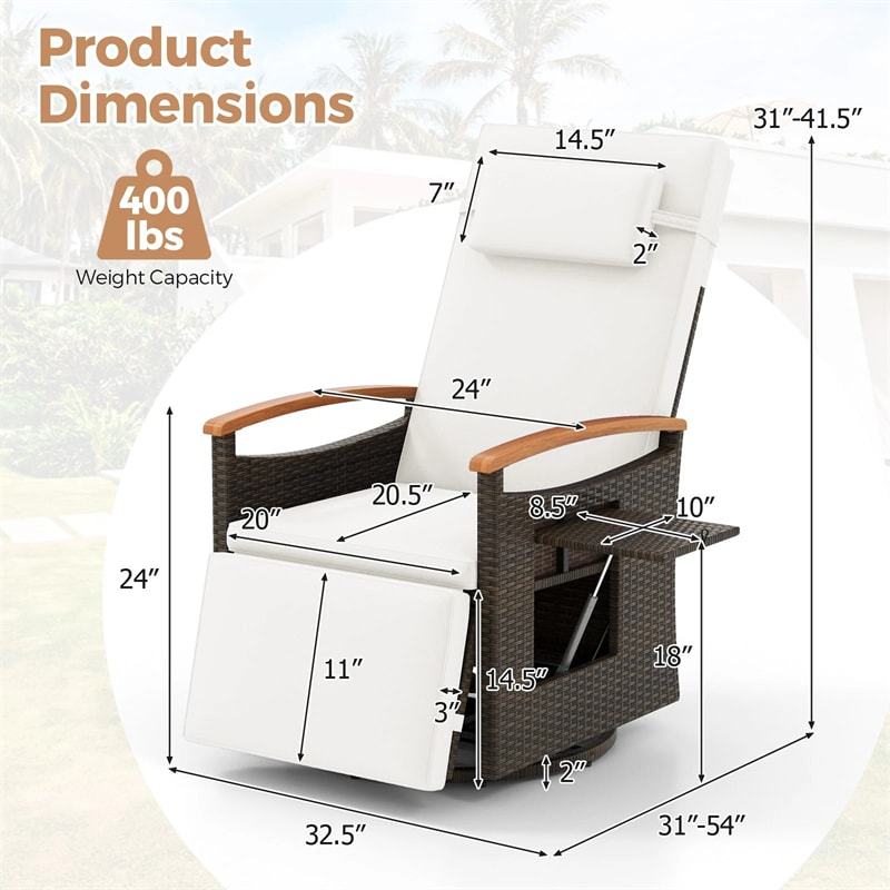 Outdoor 360° Swivel Rattan Recliner Chair with Adjustable Backrest & Footrest, Patio Wicker Chaise Lounge Chair with Flip Side Table & Cushion