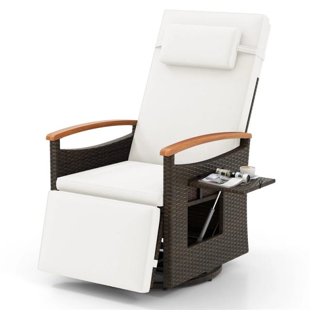 2PCS Outdoor 360° Swivel Rattan Recliner Chair, Patio Wicker Chaise Lounge Chair with Flip Side Table, Cushion, Adjustable Backrest & Footrest