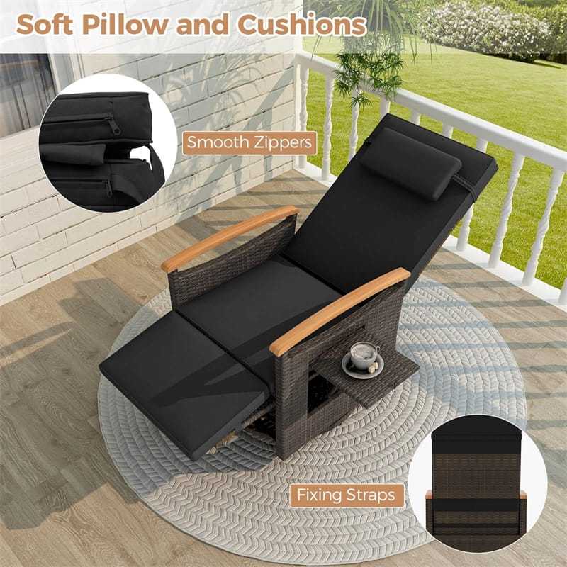 2PCS Outdoor 360° Swivel Rattan Recliner Chair, Patio Wicker Chaise Lounge Chair with Flip Side Table, Cushion, Adjustable Backrest & Footrest