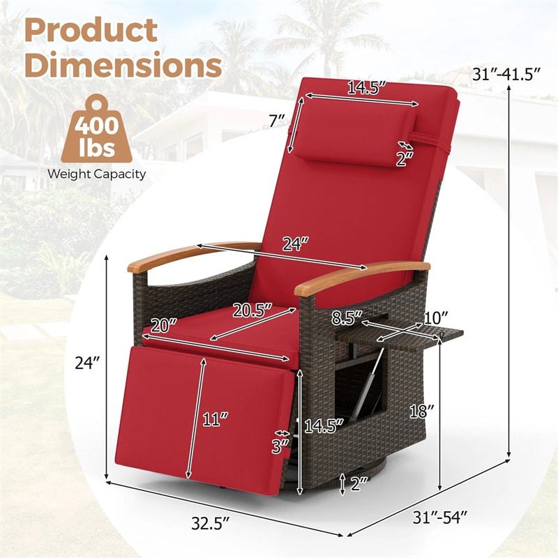 2PCS Outdoor 360° Swivel Rattan Recliner Chair, Patio Wicker Chaise Lounge Chair with Flip Side Table, Cushion, Adjustable Backrest & Footrest
