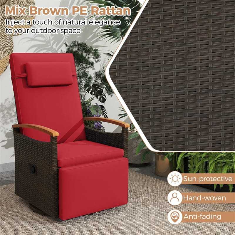 Outdoor 360° Swivel Rattan Recliner Chair with Adjustable Backrest & Footrest, Patio Wicker Chaise Lounge Chair with Flip Side Table & Cushion