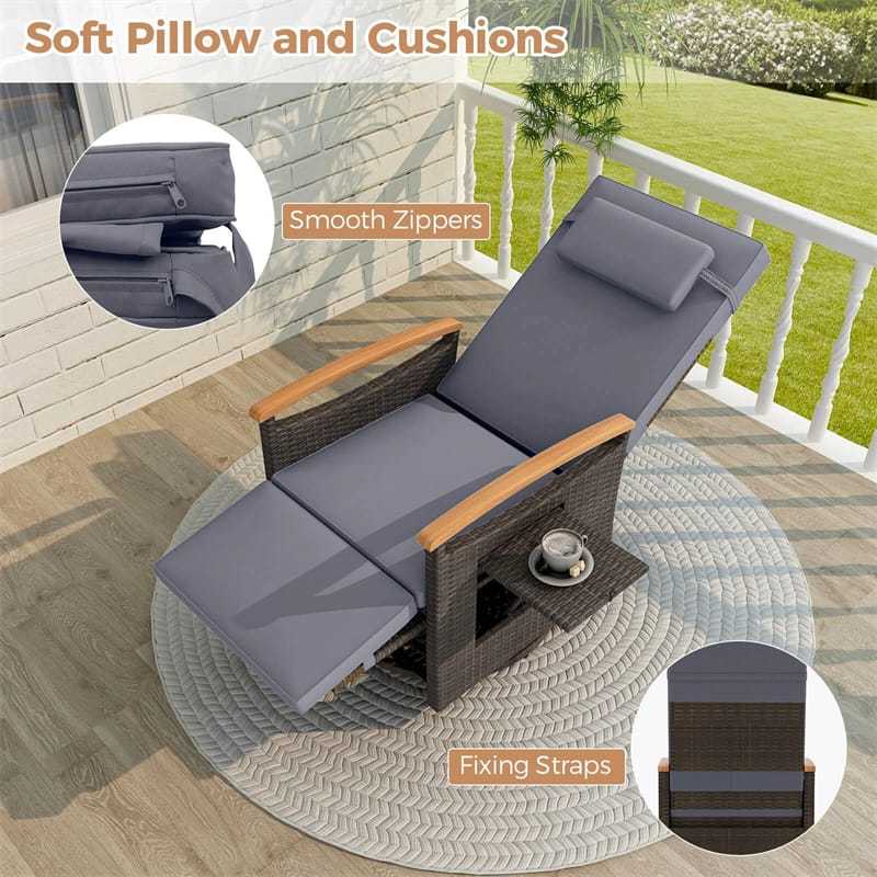 2PCS Outdoor 360° Swivel Rattan Recliner Chair, Patio Wicker Chaise Lounge Chair with Flip Side Table, Cushion, Adjustable Backrest & Footrest