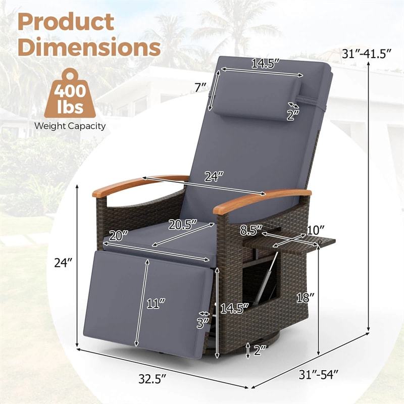 Outdoor 360° Swivel Rattan Recliner Chair with Adjustable Backrest & Footrest, Patio Wicker Chaise Lounge Chair with Flip Side Table & Cushion
