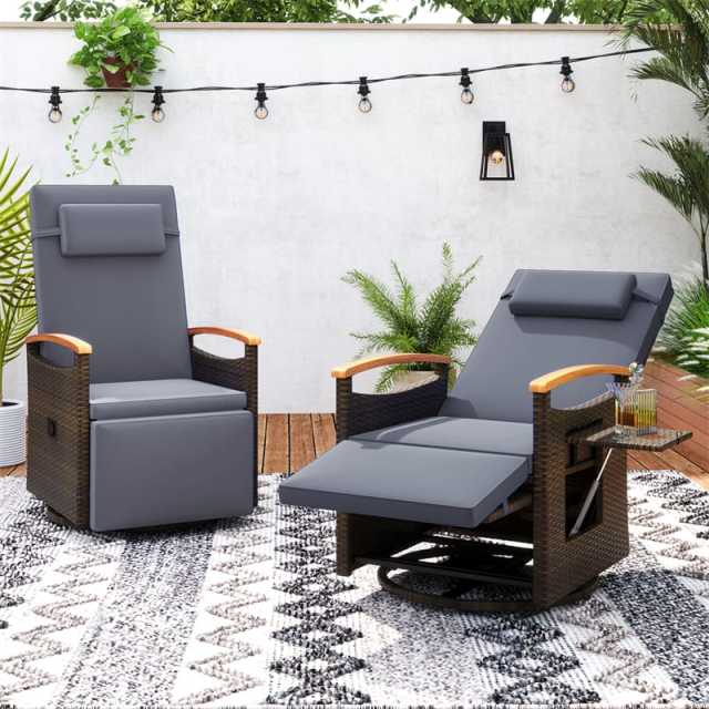 2PCS Outdoor 360° Swivel Rattan Recliner Chair, Patio Wicker Chaise Lounge Chair with Flip Side Table, Cushion, Adjustable Backrest & Footrest
