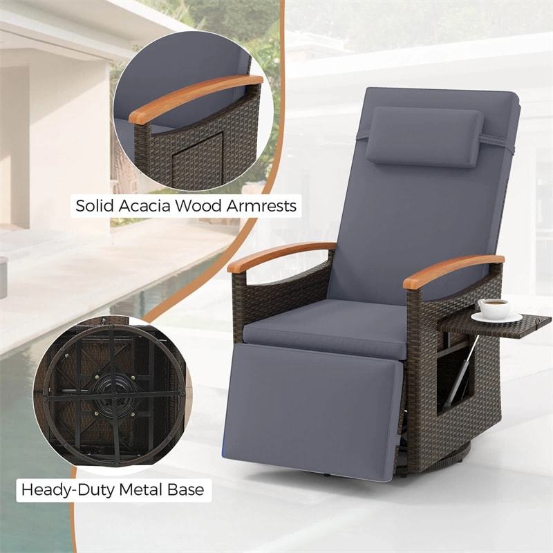 Outdoor 360° Swivel Rattan Recliner Chair with Adjustable Backrest & Footrest, Patio Wicker Chaise Lounge Chair with Flip Side Table & Cushion