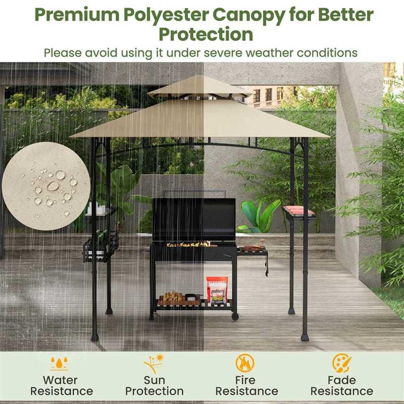 8x5 FT Grill Gazebo, 2-Tier Canopy Top Barbecue Gazebo with 2 Shelves, Storage, 20 Hanging Hooks & Metal Frame for Backyard, Poolside BBQs