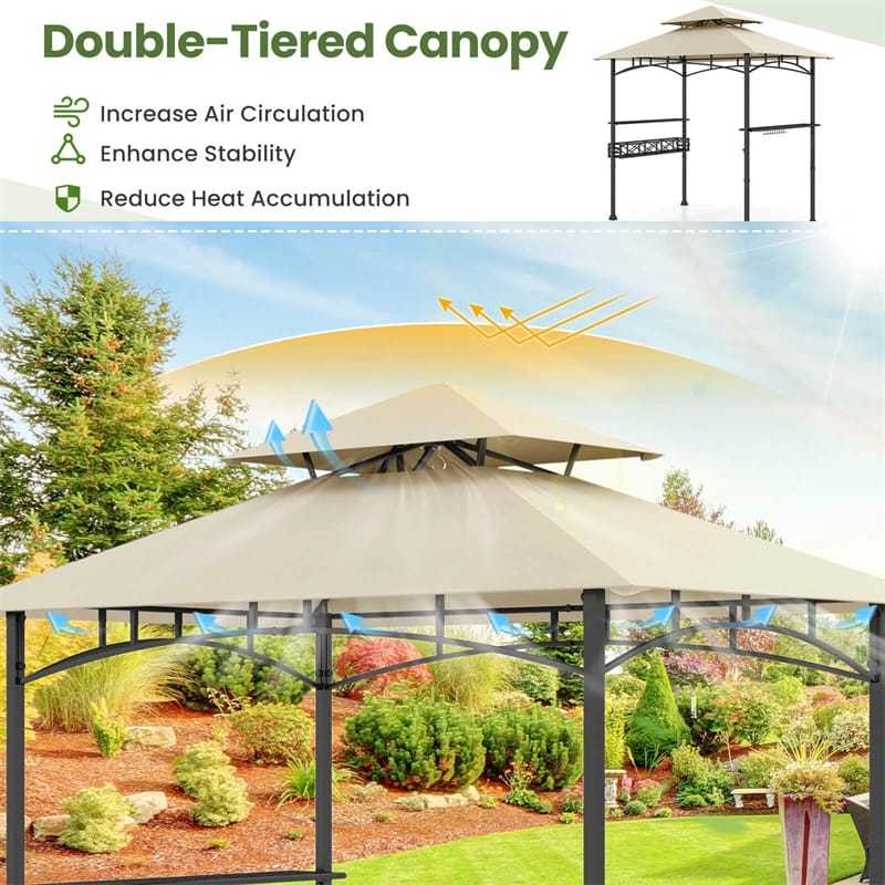 8x5 FT Grill Gazebo, 2-Tier Canopy Top Barbecue Gazebo with 2 Shelves, Storage, 20 Hanging Hooks & Metal Frame for Backyard, Poolside BBQs