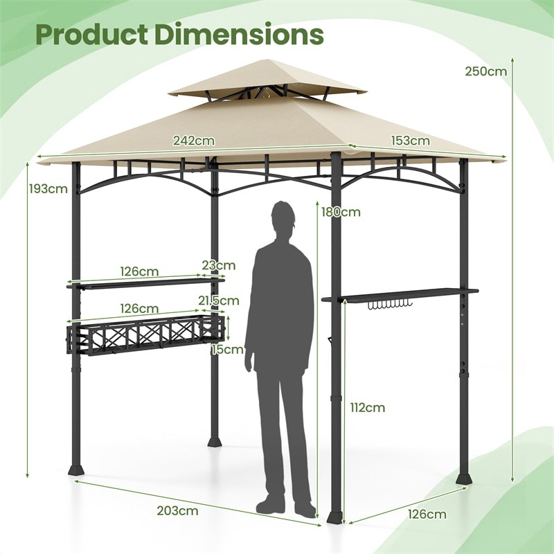 8x5 FT Grill Gazebo, 2-Tier Canopy Top Barbecue Gazebo with 2 Shelves, Storage, 20 Hanging Hooks & Metal Frame for Backyard, Poolside BBQs