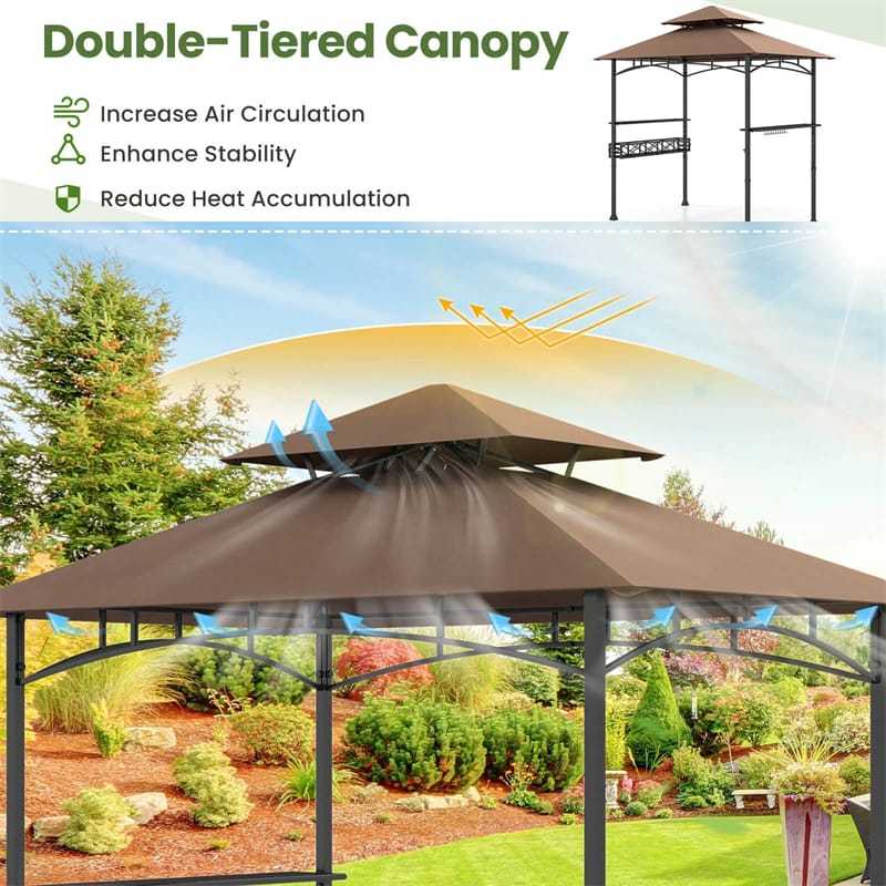 8x5 FT Grill Gazebo, 2-Tier Canopy Top Barbecue Gazebo with 2 Shelves, Storage, 20 Hanging Hooks & Metal Frame for Backyard, Poolside BBQs