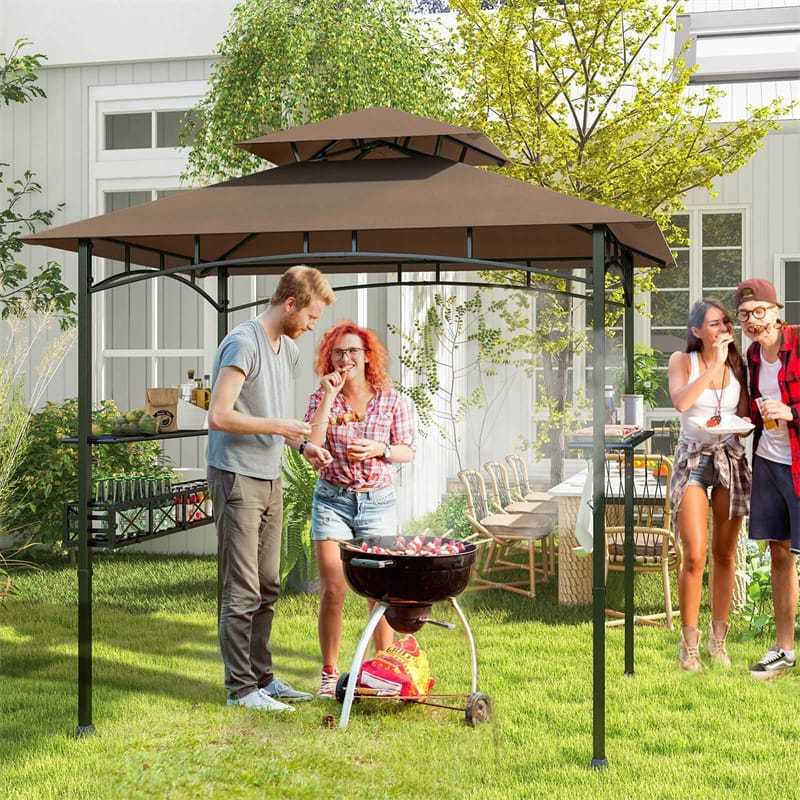 8x5 FT Grill Gazebo, 2-Tier Canopy Top Barbecue Gazebo with 2 Shelves, Storage, 20 Hanging Hooks & Metal Frame for Backyard, Poolside BBQs