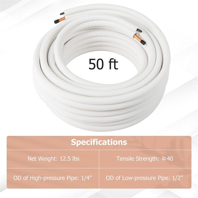 25/50 FT Mini Split Line Set, Copper Pipes Tubing Extension with 3-Layer Thickened Insulation for Air Conditioner & Heat Pump Systems