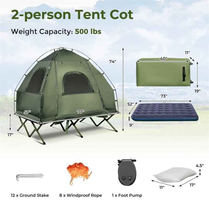 5-in-1 Camping Tent Cot, 2-Person Folding Elevated Tent with Awning, Air Mattress, Sleeping Bag & Roller Bag, Off The Ground Tent for Hiking Travel