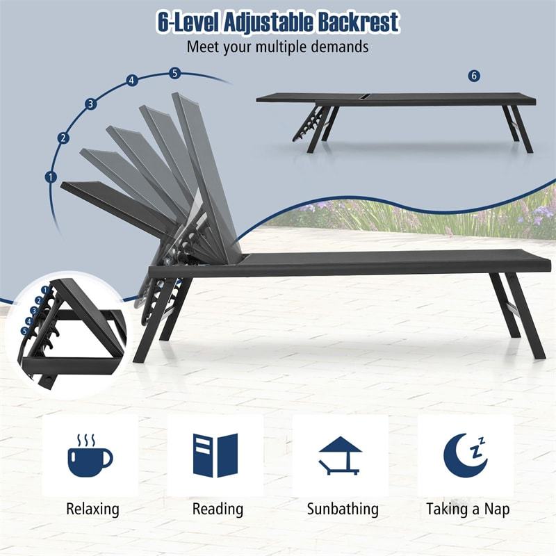 3-Piece Outdoor Aluminum Chaise Lounge Set with Side Table, 6-Position Adjustable Backrest Patio Lounge Chair for Poolside & Backyard