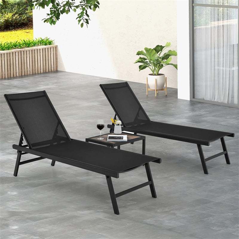 3-Piece Outdoor Aluminum Chaise Lounge Set with Side Table, 6-Position Adjustable Backrest Patio Lounge Chair for Poolside & Backyard