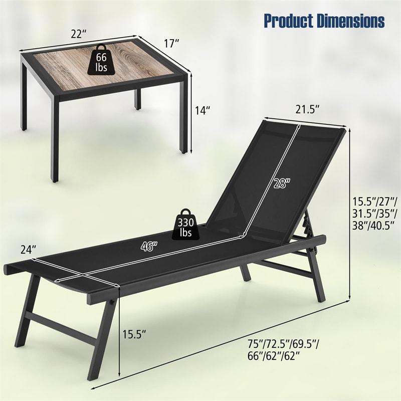 3-Piece Outdoor Aluminum Chaise Lounge Set with Side Table, 6-Position Adjustable Backrest Patio Lounge Chair for Poolside & Backyard