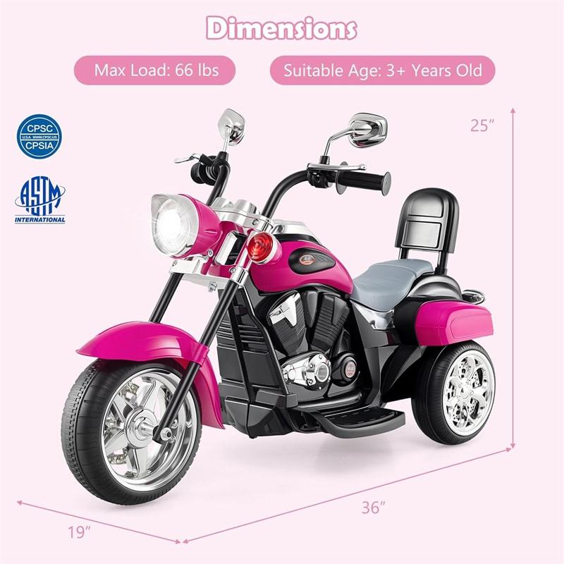 Kids Ride-On Motorcycle, 3-Wheel 6V Battery Powered Chopper Motorcycle with Headlight & Horn, ASTM-Certified Electric Toy for Boys & Girls Gifts