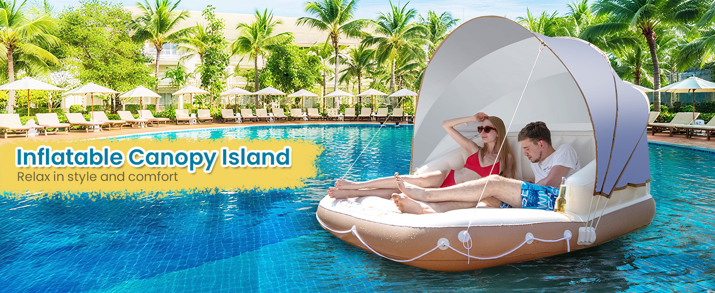 Inflatable Canopy Island Tanning Pool Lounger Float with
