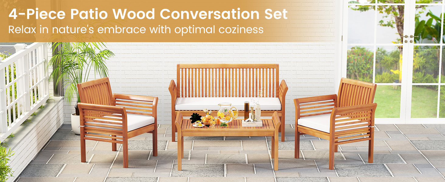 4 Pieces Outdoor Acacia Wood Sofa Furniture Set