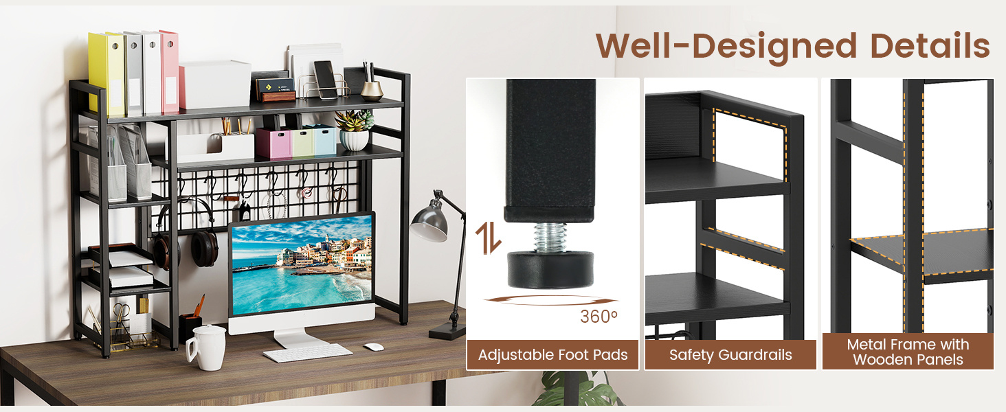 4-Tier Desk Shelf Desktop Display Rack with Metal Grid Panel