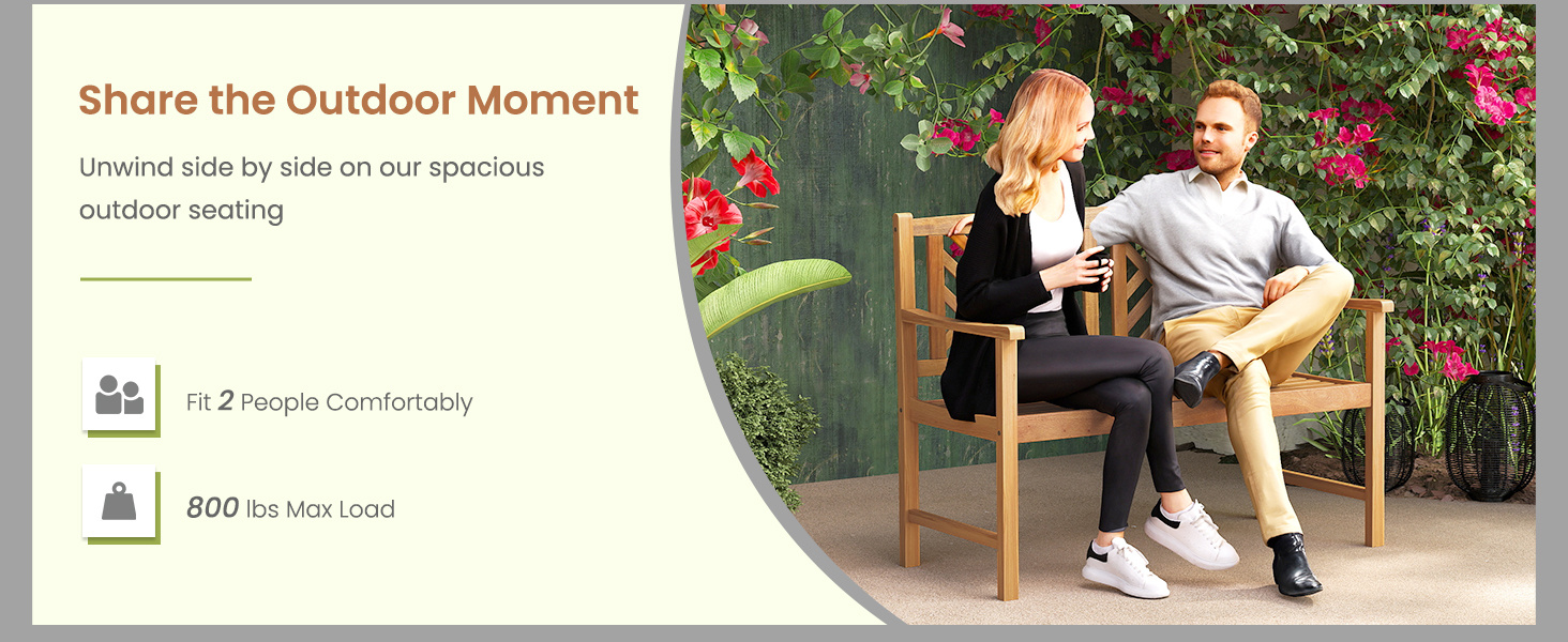 2-Person Wood Outdoor Bench with Cozy Armrest and Backrest