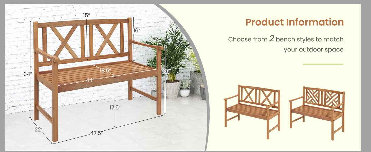 2-Person Wooden Outdoor Bench with Cozy Armrest and Backrest