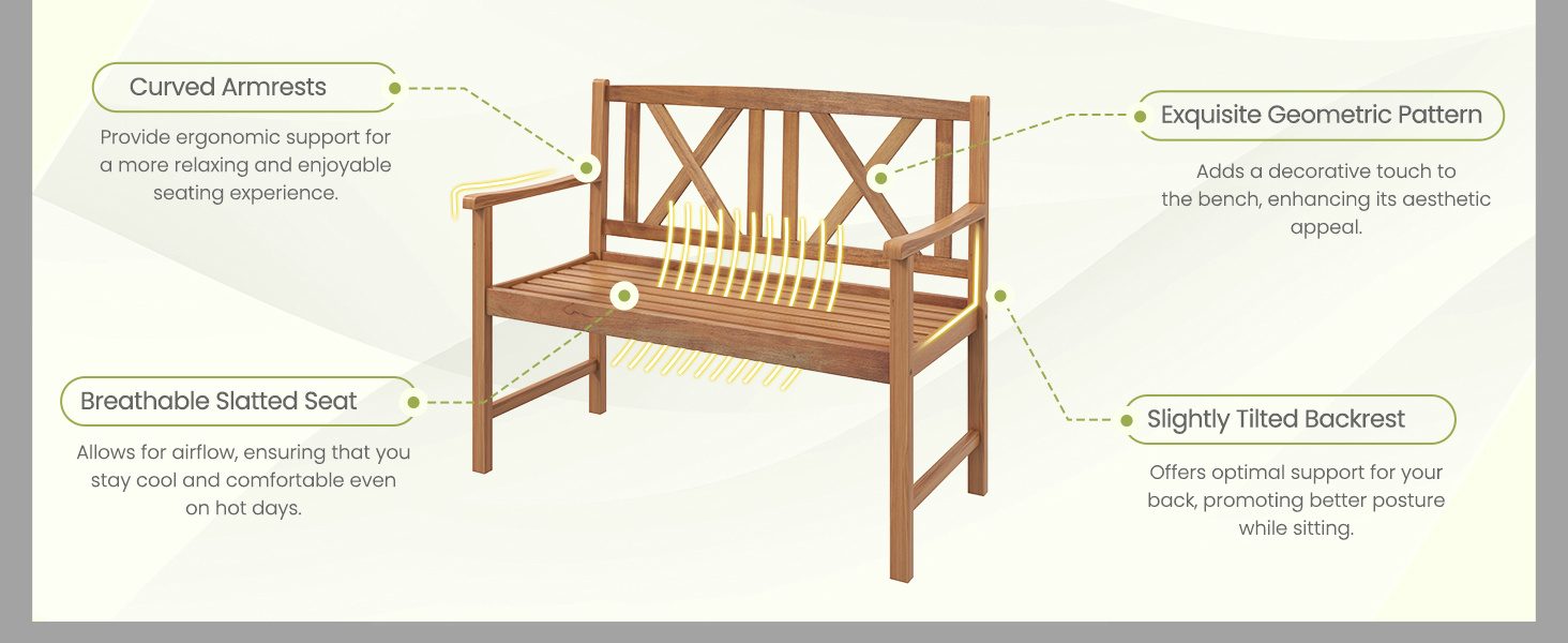 2-Person Wooden Outdoor Bench with Cozy Armrest and Backrest